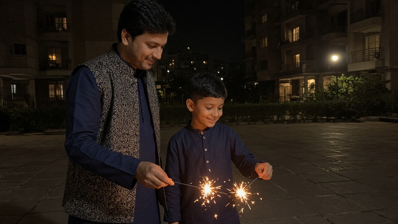 Man in a navy kurta with a printed Nehru jacket lighting sparklers with his young nephew in a housing society courtyard