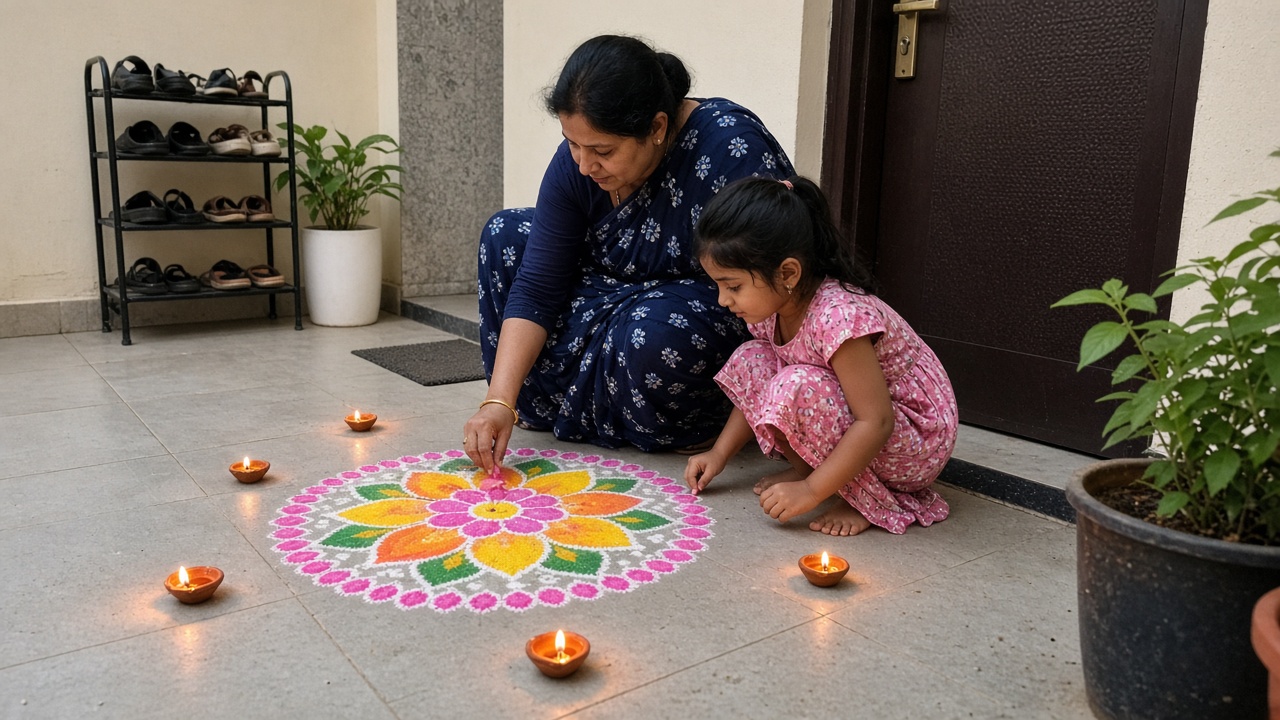 Mother and daughter making a colorful rangoli at the front door of an Indian apartment with diyas around it