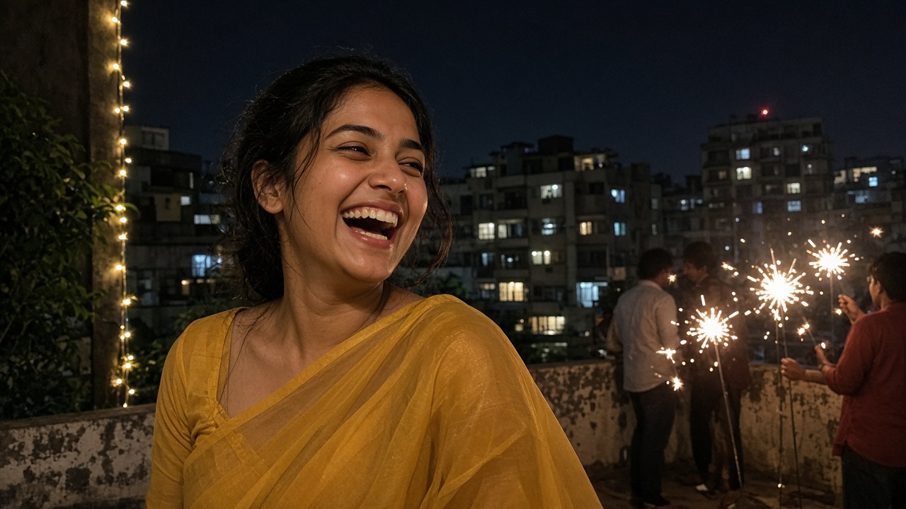 Woman in a mustard organza saree laughing on a terrace at night with fairy lights and sparklers in the background