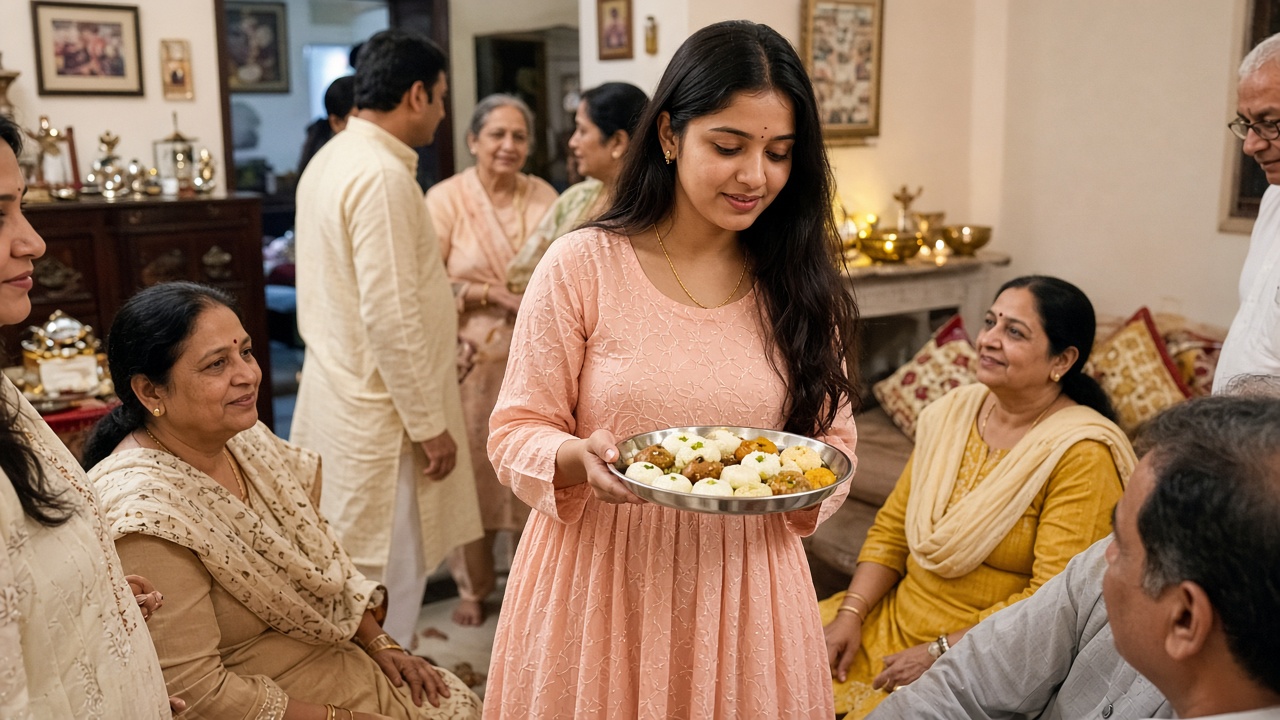 Woman in a pastel peach anarkali carrying a steel plate of sweets through a crowded family living room