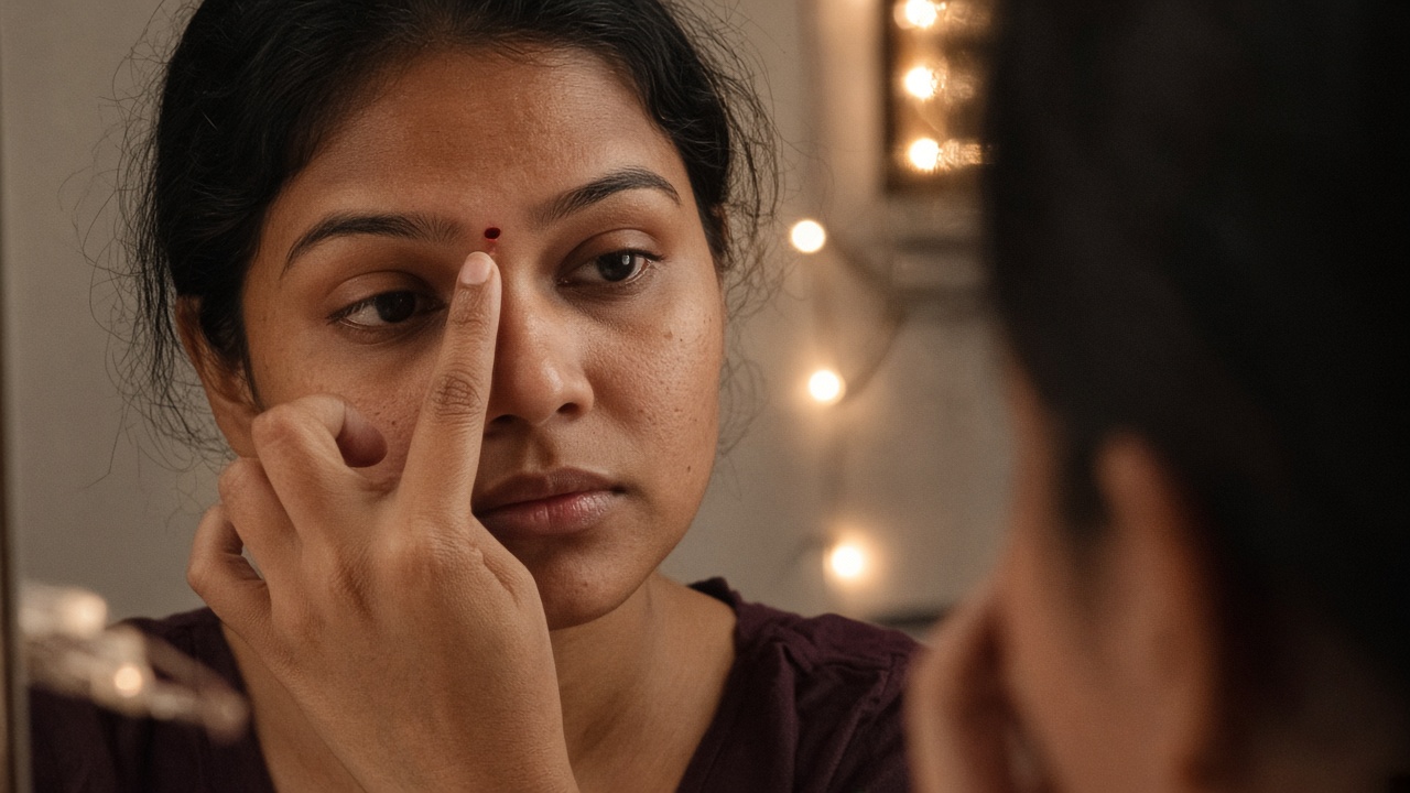 Close-up of a woman placing a small red bindi on her forehead in a mirror with string lights reflected behind her