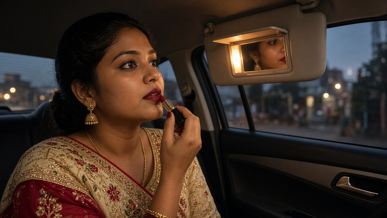 Woman applying deep red matte lipstick in a car's sun visor mirror on the way to a Diwali party