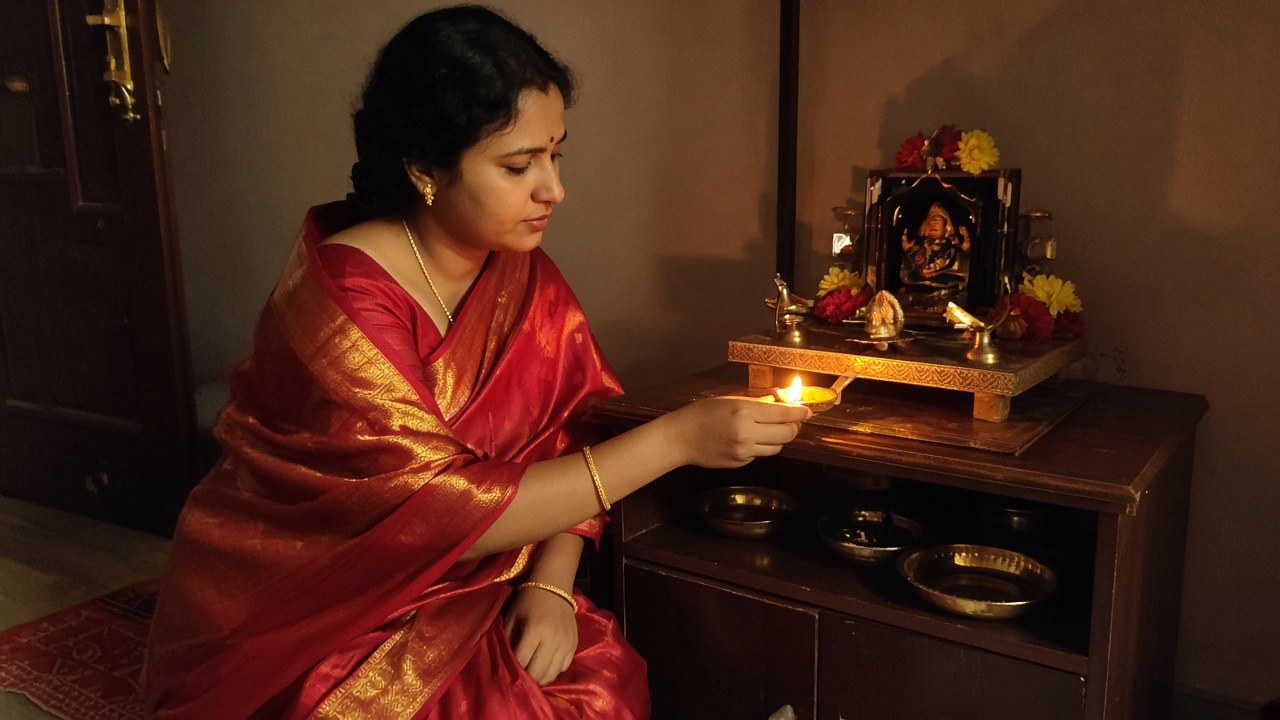 Woman in a red silk saree with a gold border lighting a diya at a small home puja corner, warm lamp light