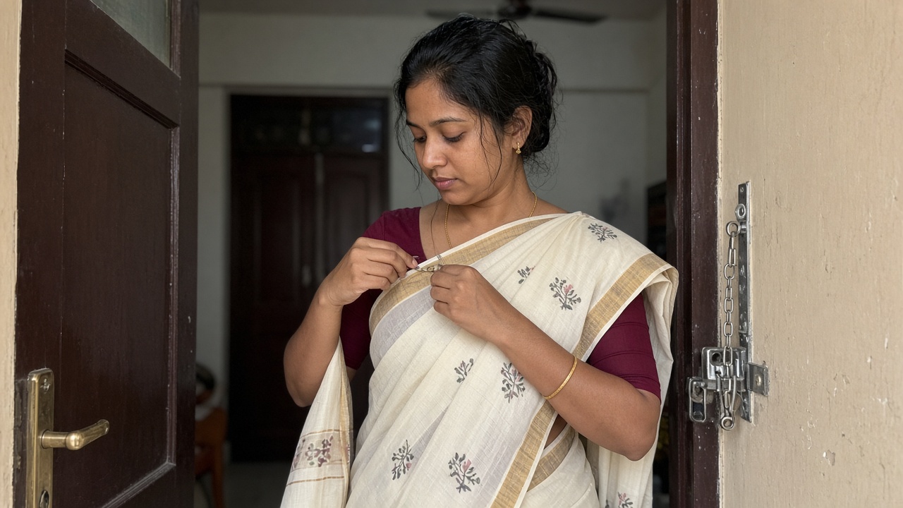 Woman pinning the pallu of her saree on her shoulder with a safety pin while standing in a doorway
