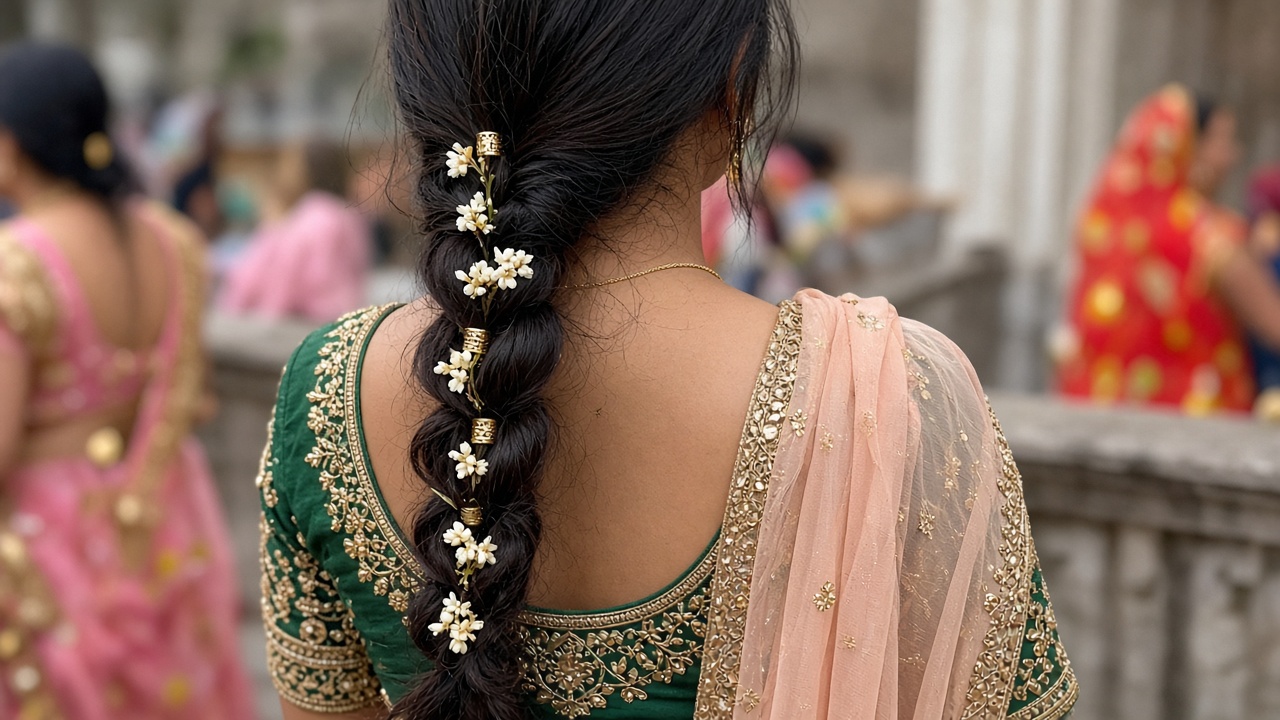 Back view of a woman's side braid decorated with small gold hair rings and tiny white flowers