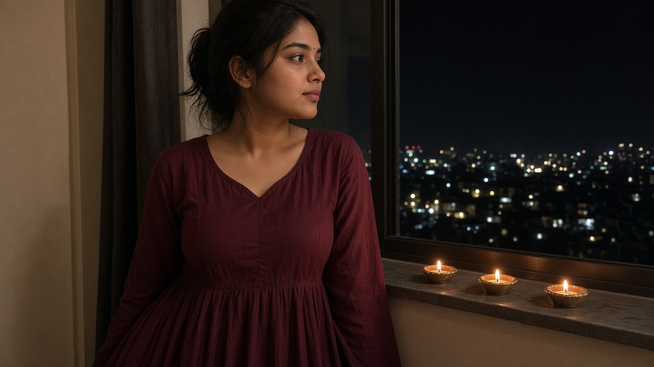 Woman in a flowing wine-colored anarkali standing near a window with diyas on the sill and city lights outside