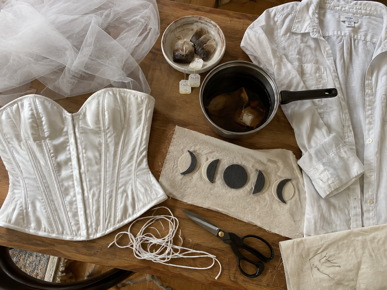 Flat lay of DIY costume supplies with a white corset top, tulle, tea bags, fabric dye and felt moon circles