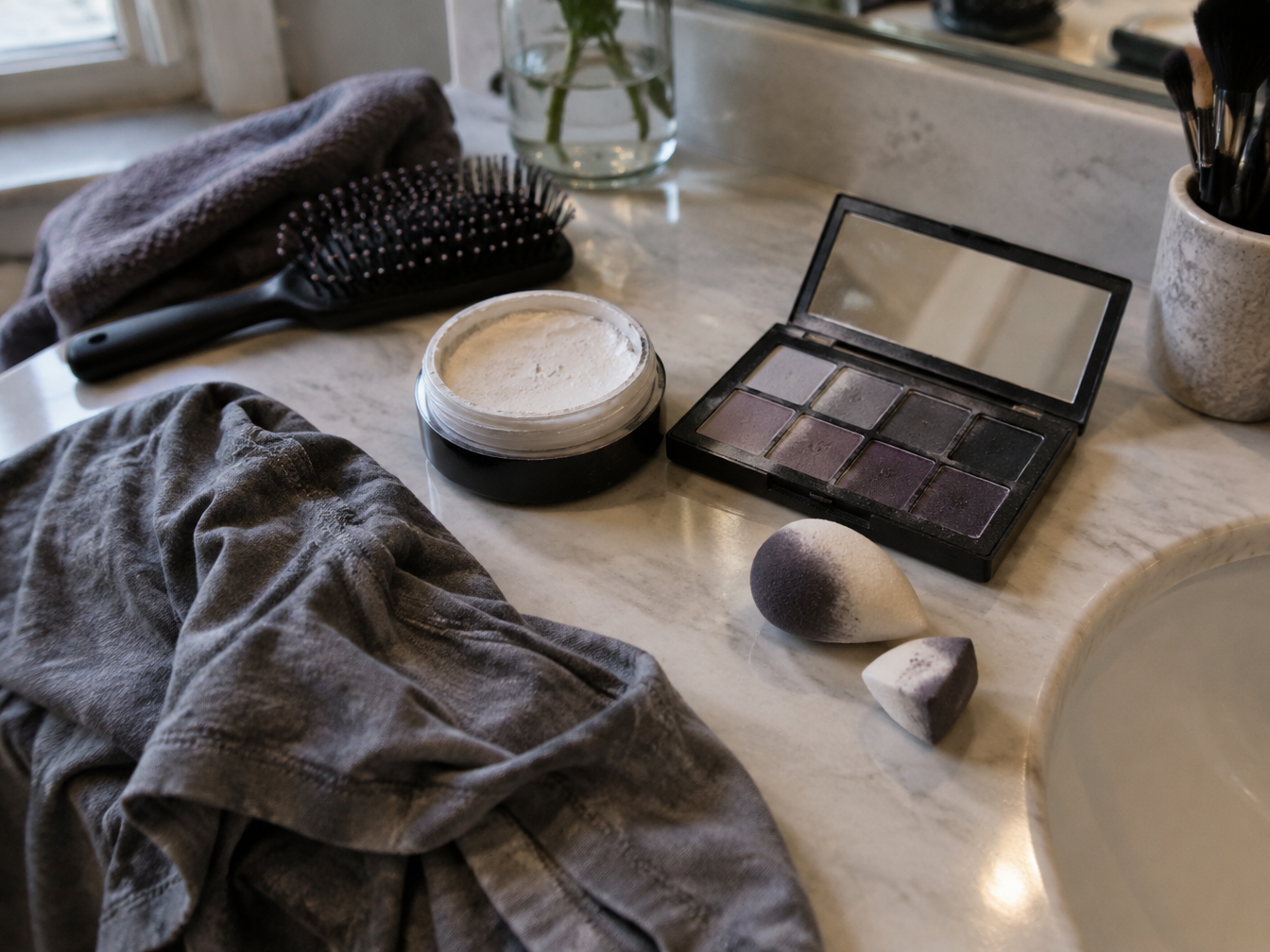 Pale face paint, eyeshadow, sponges, hairbrush and a worn gray t-shirt on a bathroom counter