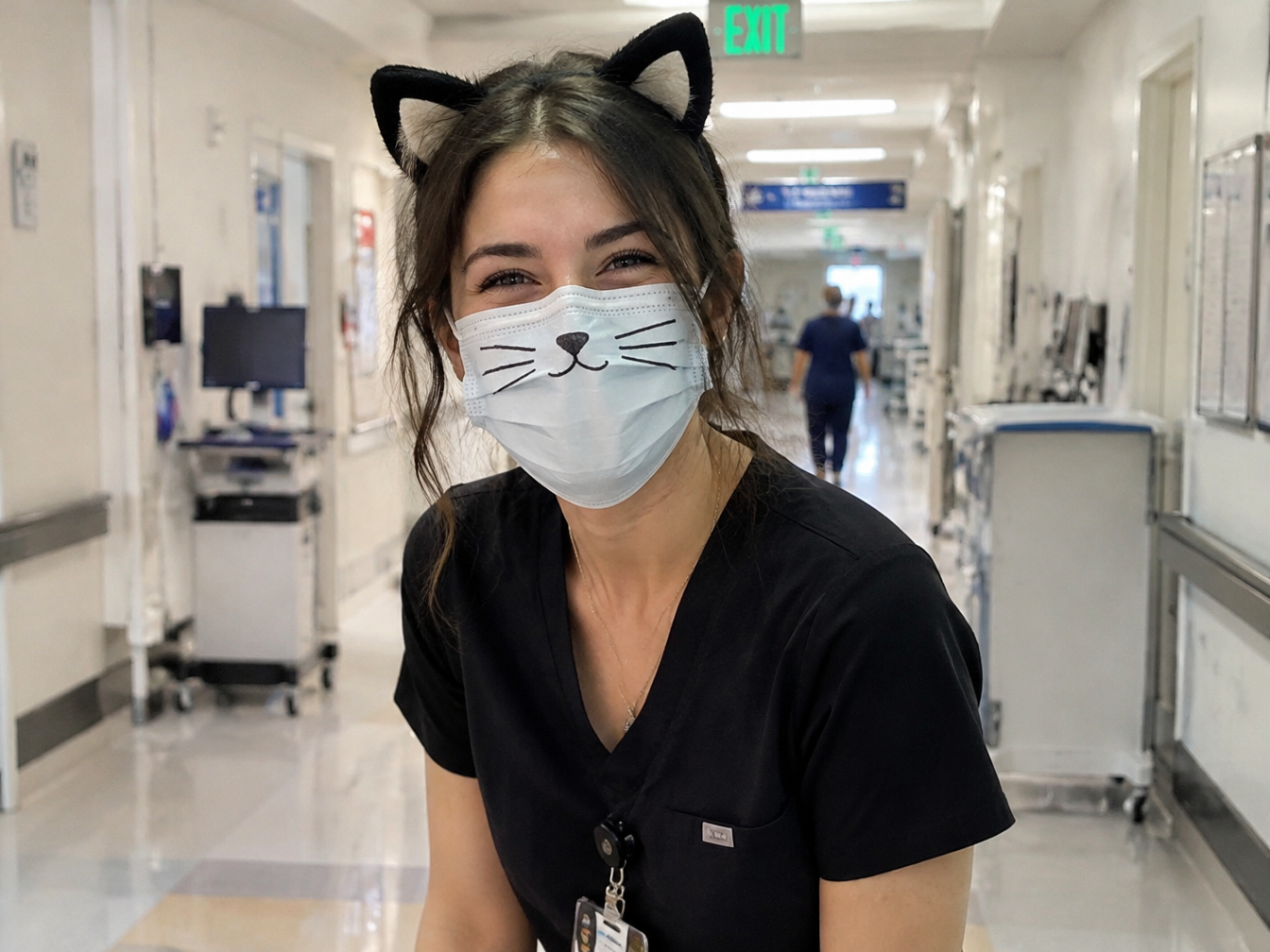 Woman in black scrubs wearing cat ears and a face mask with whiskers drawn on