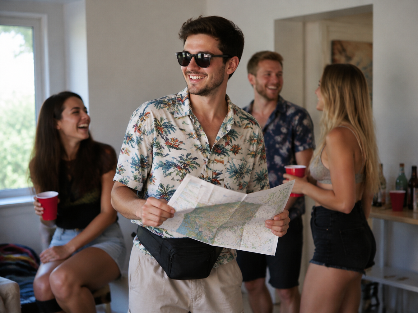 Man dressed as a tourist with sunglasses, fanny pack and paper map at a house party