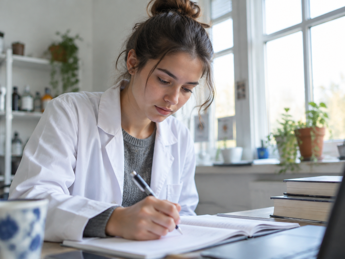 A young woman in a white cotton jacket concentrating at a desk