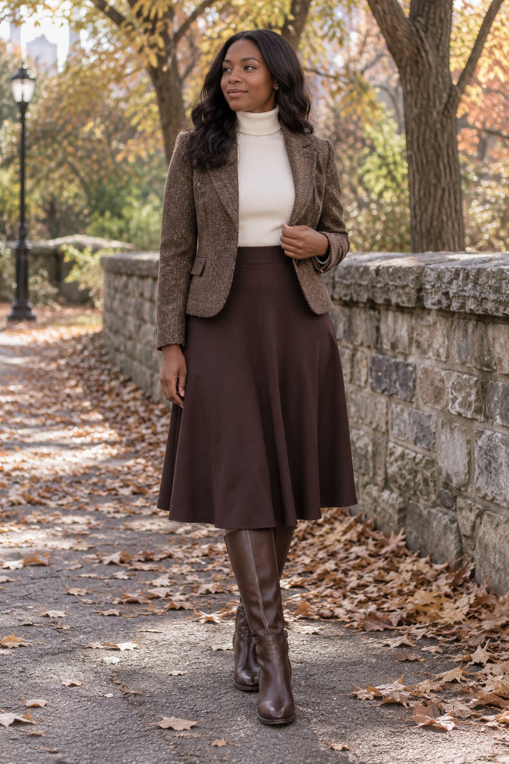 Chocolate A-line midi skirt with a cream knit, tweed blazer and knee boots.