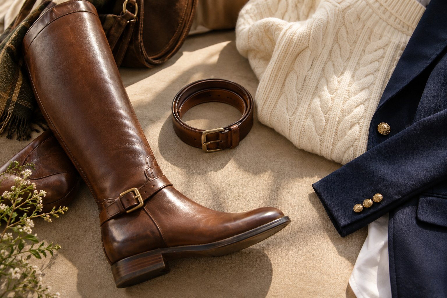 Brown leather boots and belt beside cream knitwear and navy tailoring.