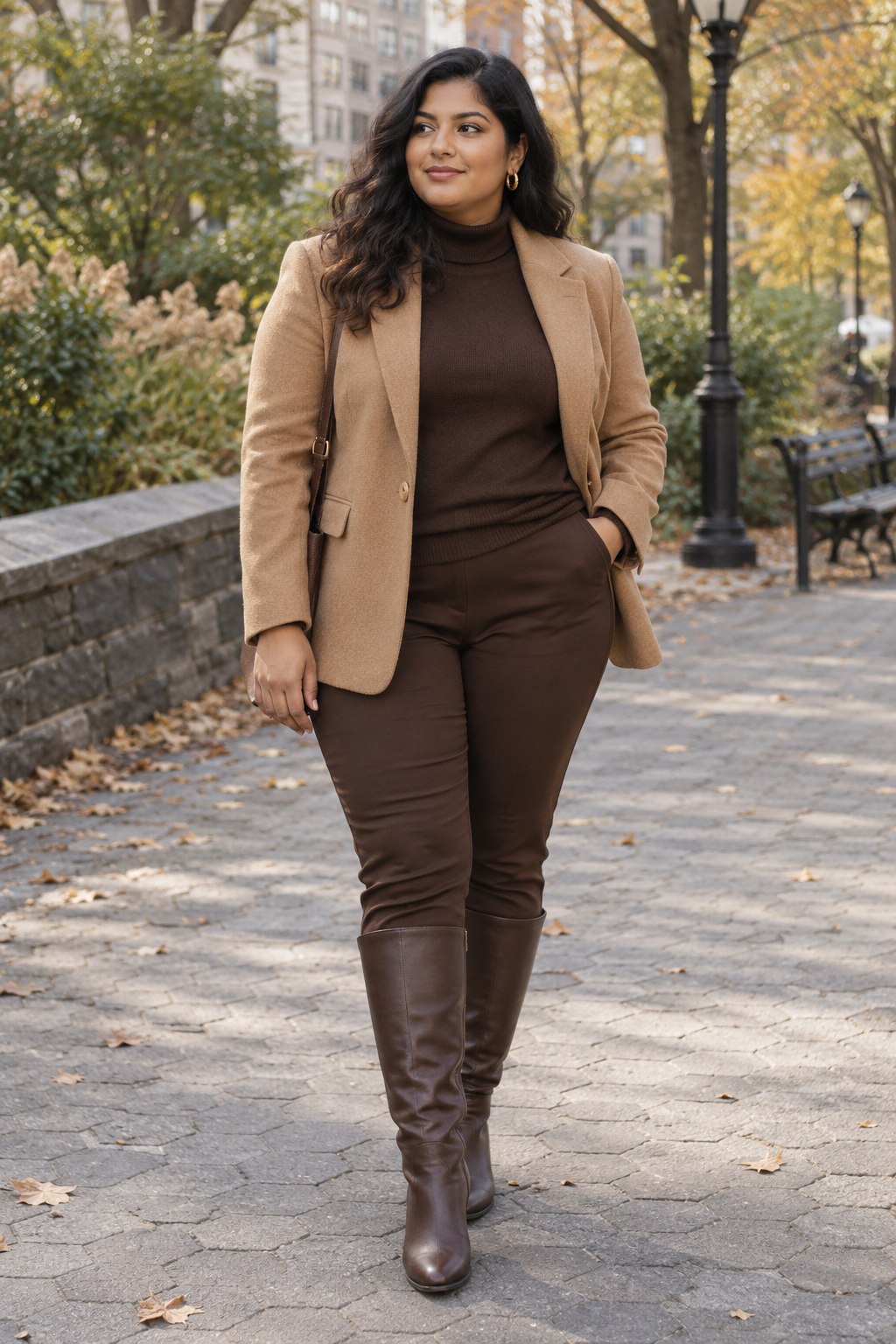 Chocolate knit and slim trousers with brown knee boots and a camel blazer.