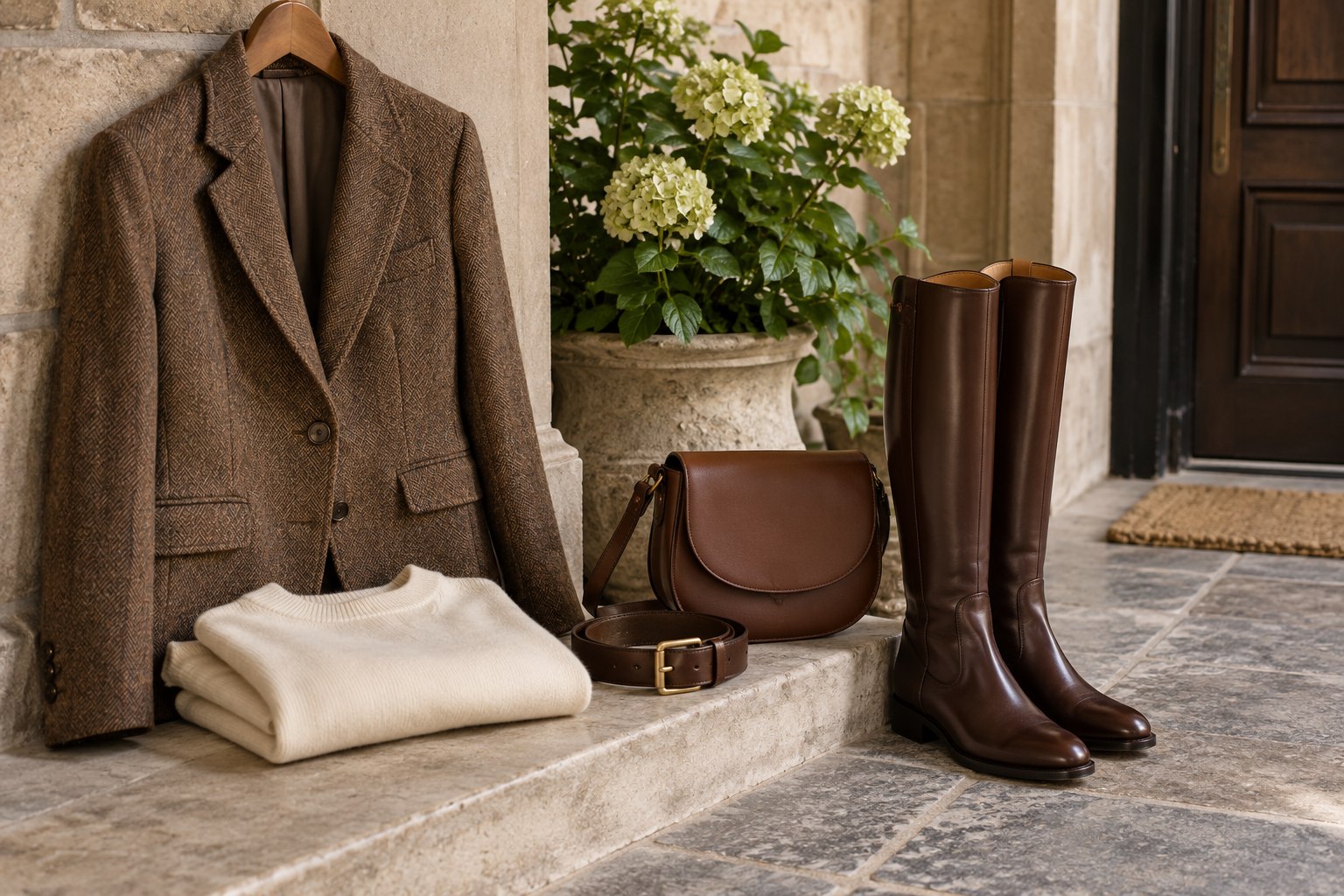 Tweed tailoring, a cream knit, brown knee boots and simple leather accessories.