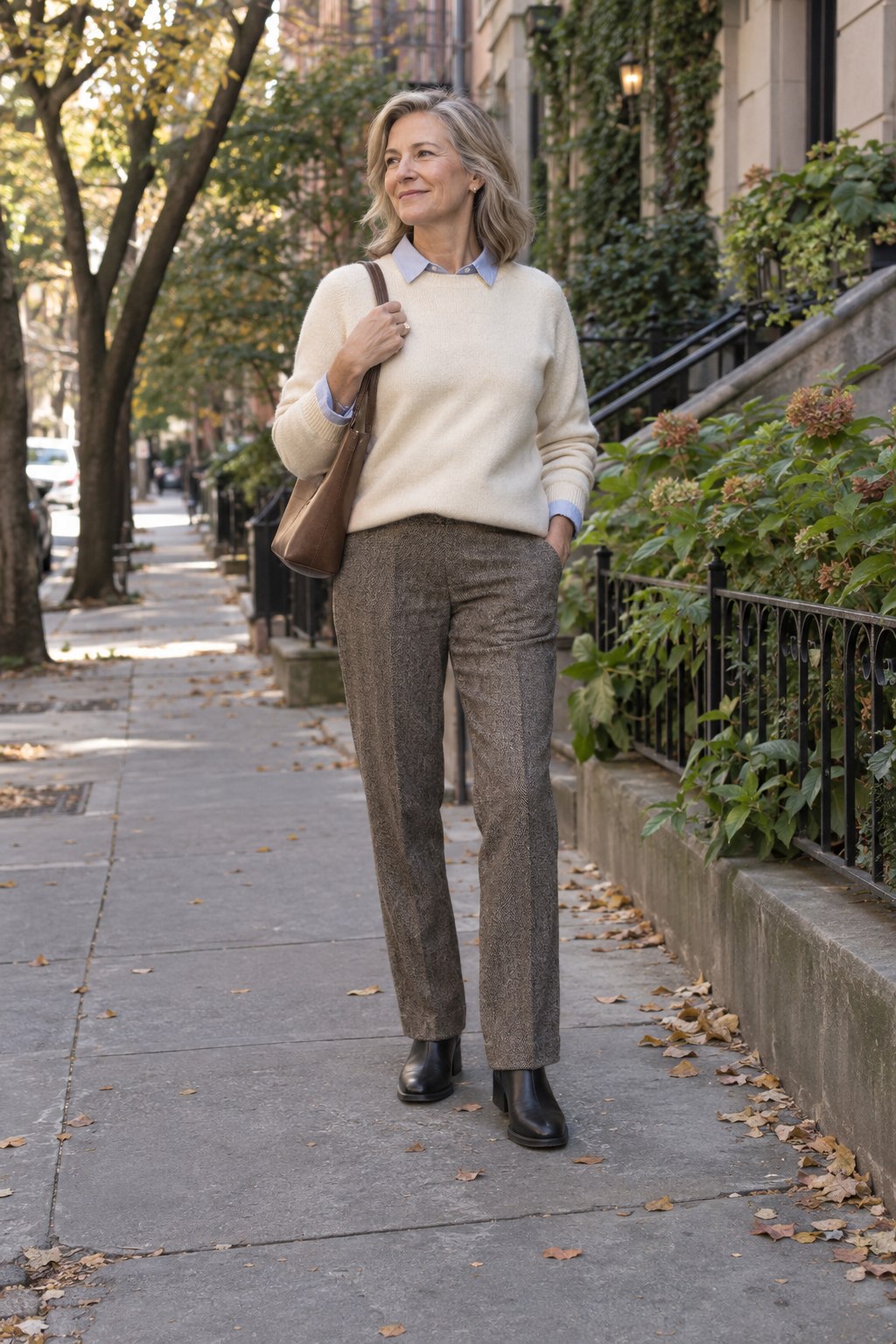 Cream sweater and blue shirt with brown herringbone trousers and Chelsea boots.