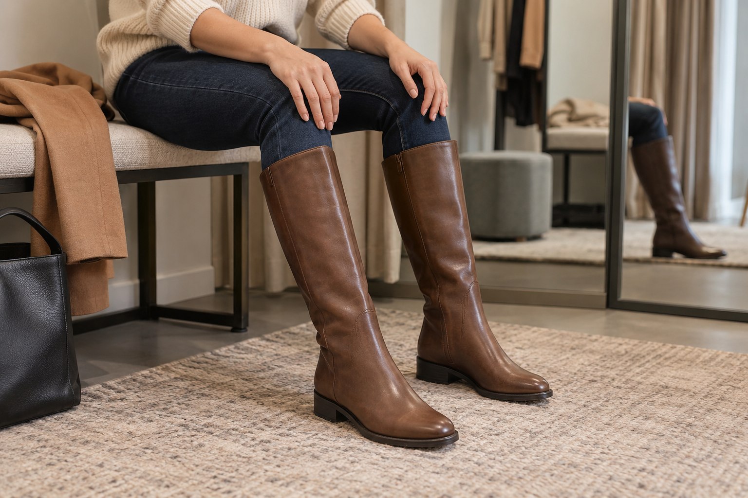 Seated fit check showing knee boots worn comfortably over slim jeans.