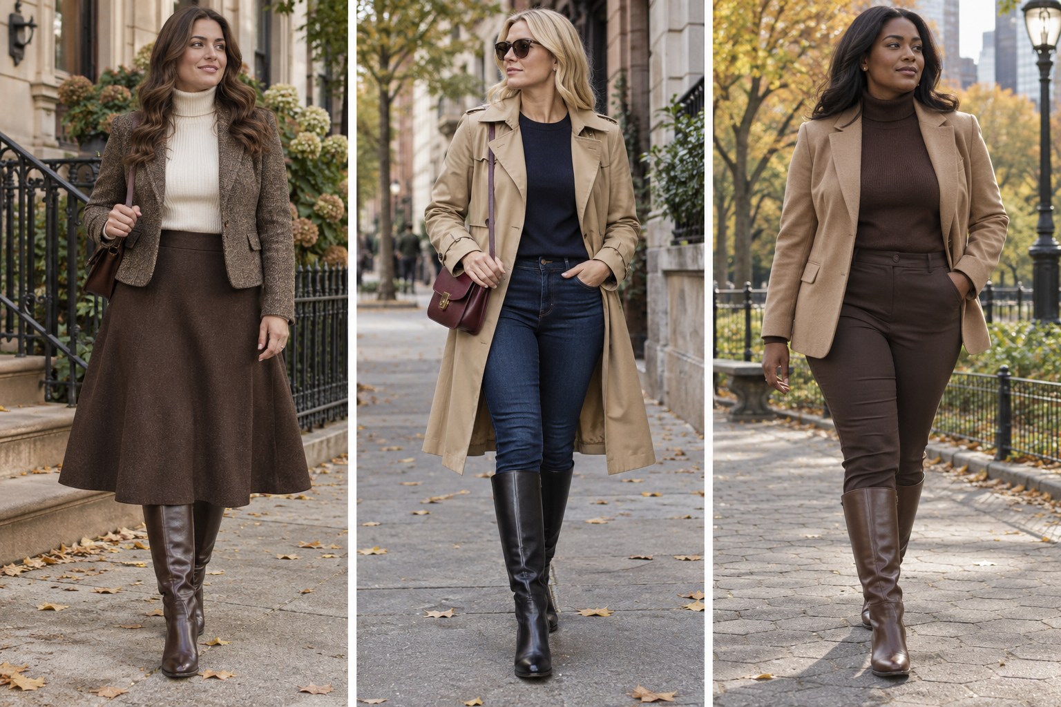 Equestrian-inspired outfits with a brown midi skirt, a tan trench coat, and chocolate layers under a camel blazer.