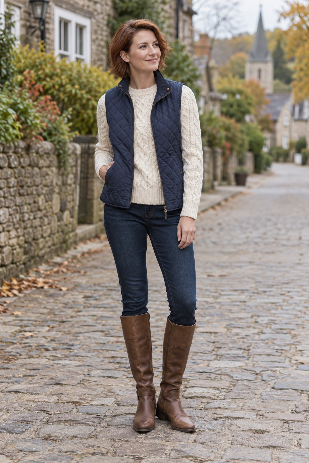 Navy quilted vest over a cream cable-knit sweater with dark jeans and tall boots.