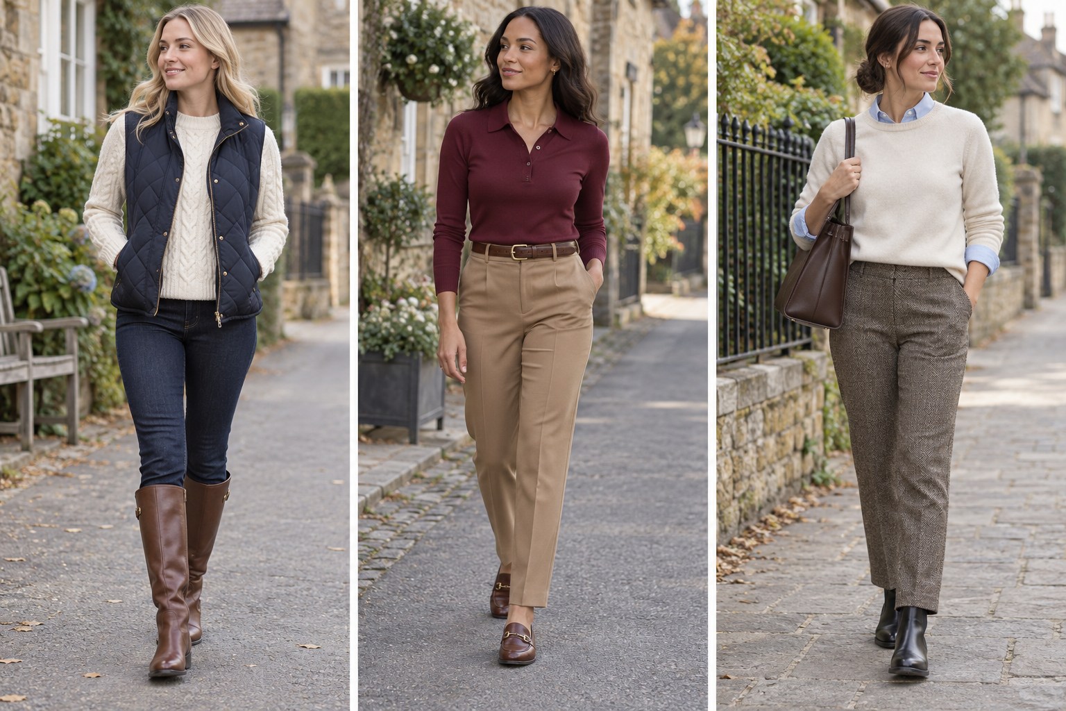 Everyday equestrian looks featuring a quilted vest, a burgundy polo knit, and brown herringbone trousers.