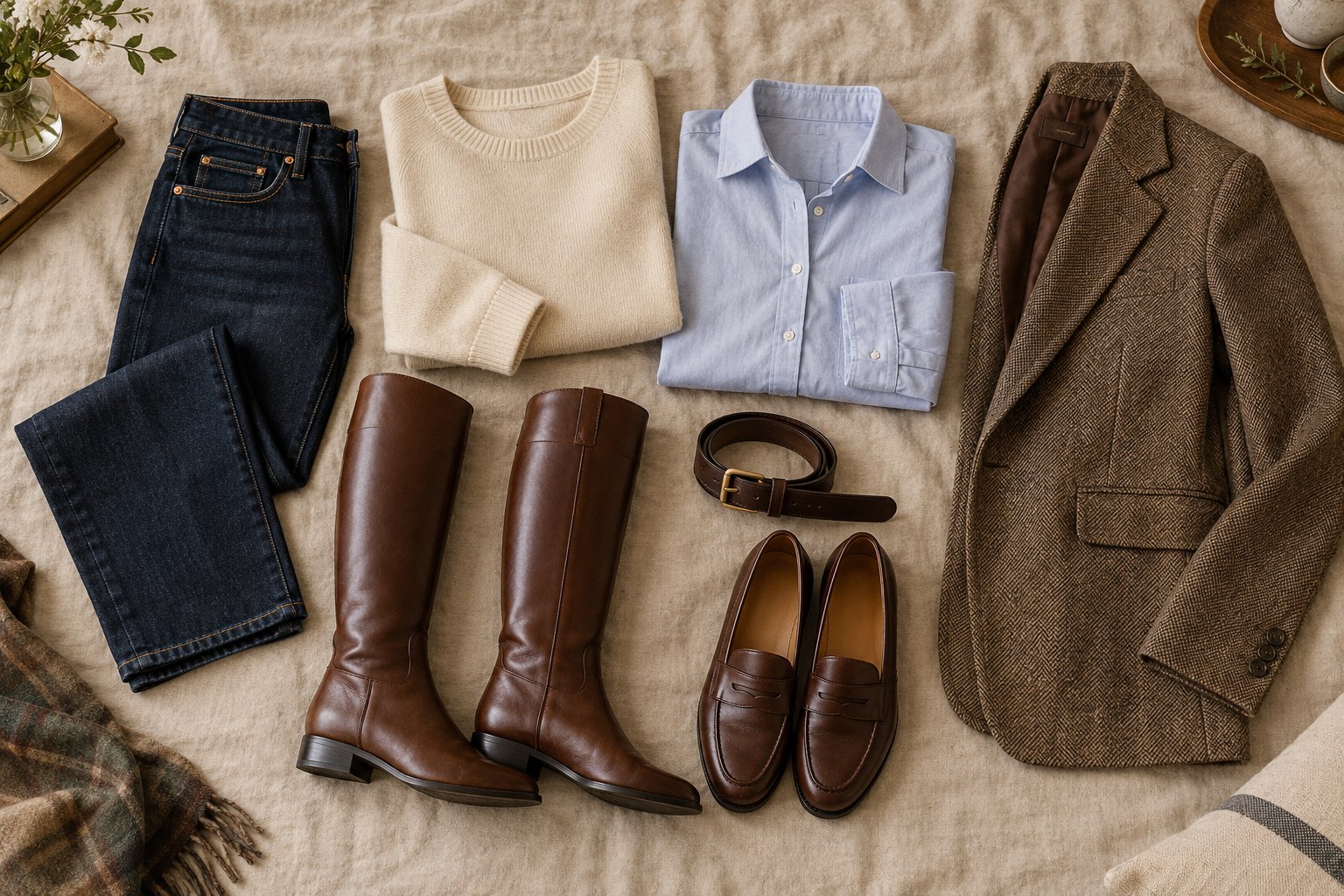 Small equestrian-inspired wardrobe with jeans, knitwear, a blazer, boots and loafers.