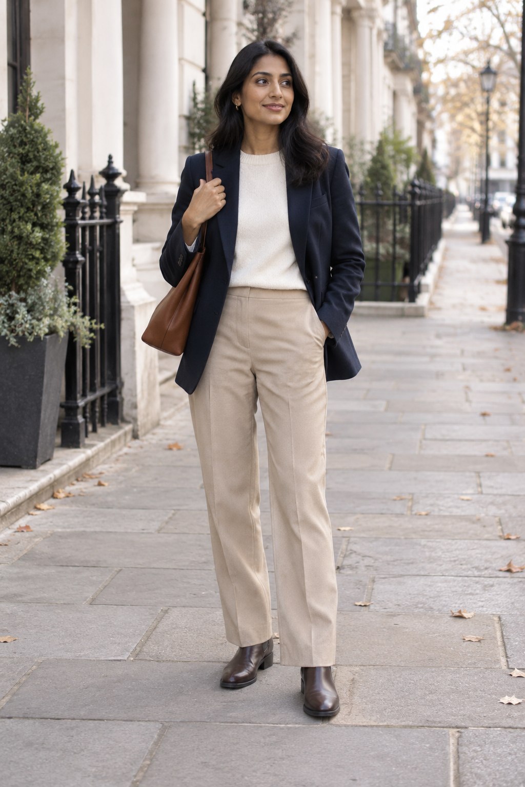 Navy blazer with ordinary beige straight trousers and brown ankle boots.