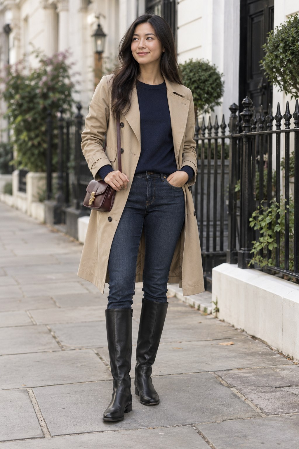 Tan trench over navy knitwear and dark jeans with black knee boots.