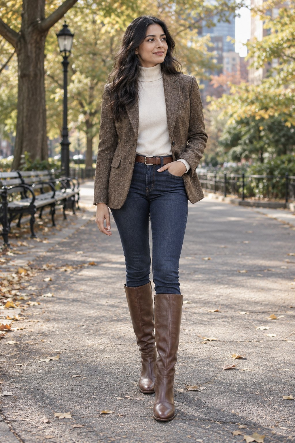 Tweed blazer and ivory turtleneck with dark jeans tucked into brown knee boots.