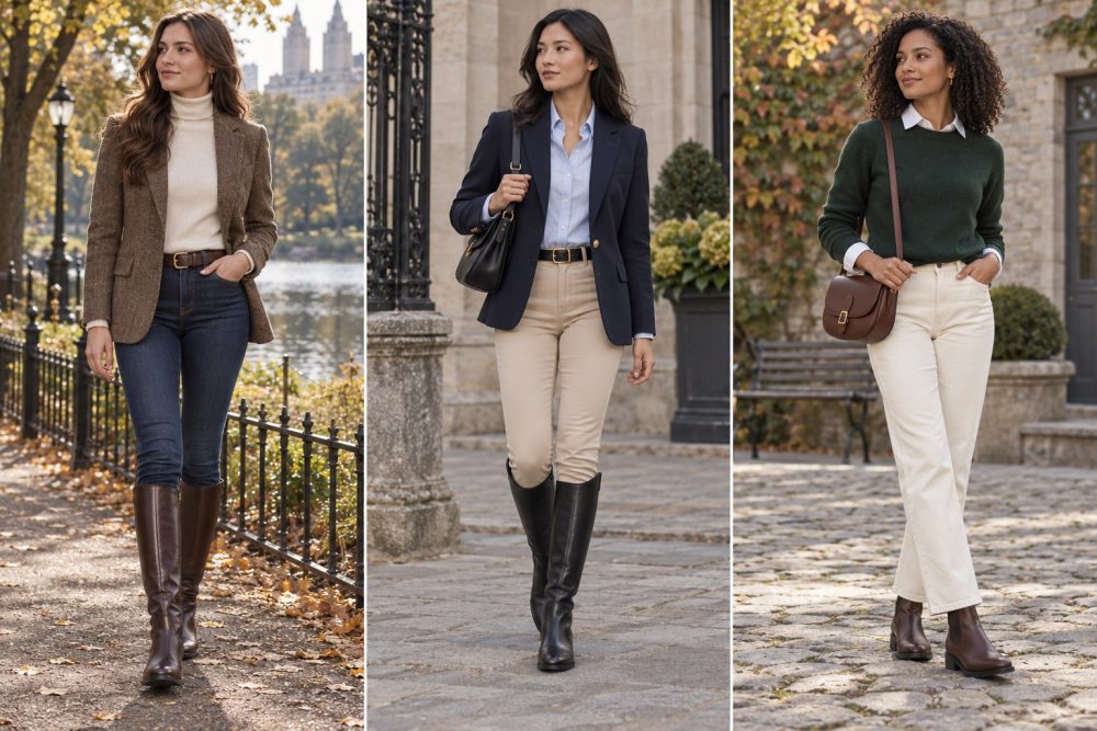 Equestrian-inspired outfits with tweed and tall boots, a navy blazer and beige trousers, and a green sweater with cream jeans.
