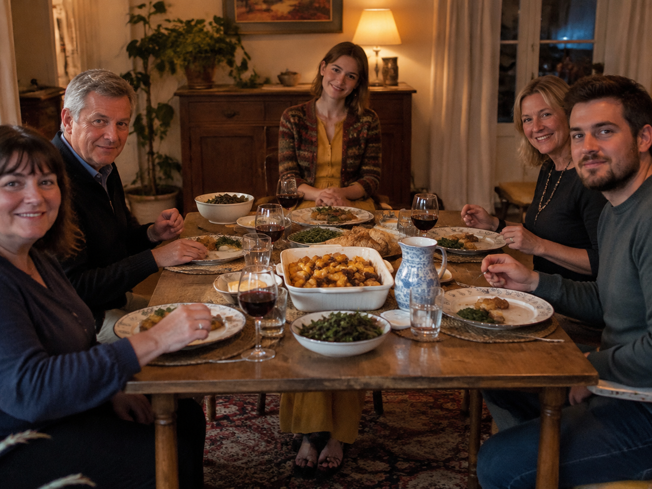 A woman in a mustard yellow dress and vintage jacket at a family dinner table with roasted potatoes