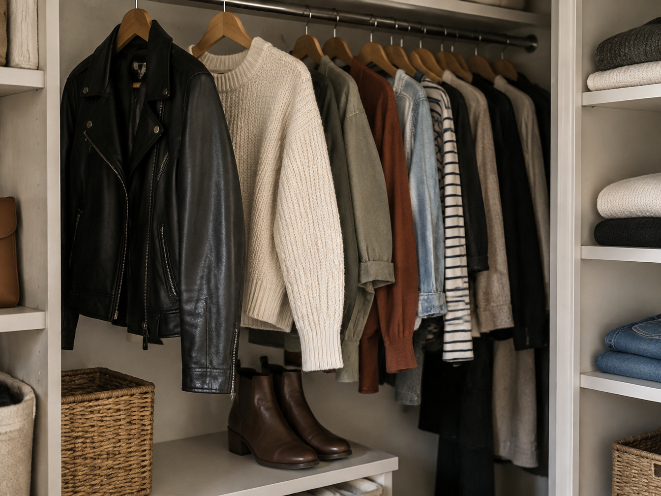 Tidy closet with a favorite leather jacket, cream sweater and boots at the front