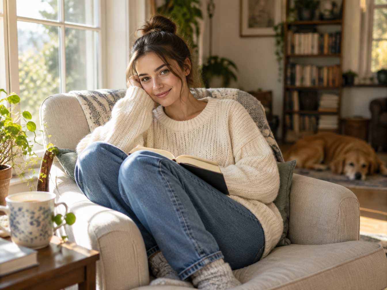 Relaxed young woman in a cream knit sweater and jeans curled up in an armchair