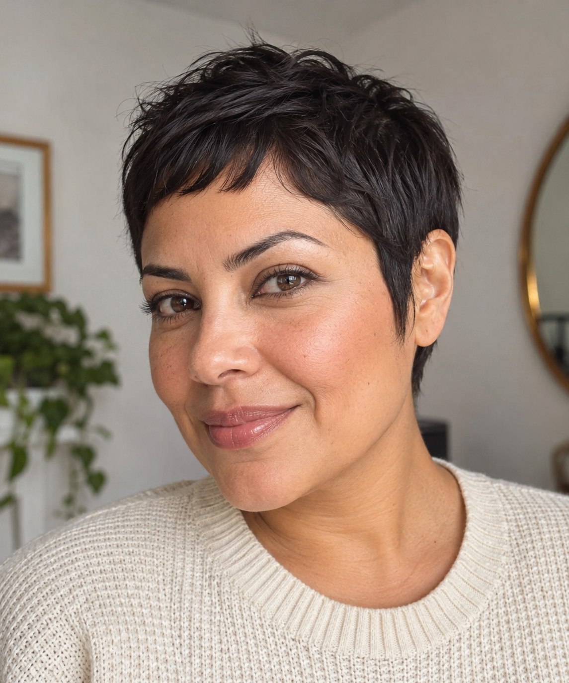 Short espresso pixie with a gently curved micro fringe and soft rounded edges around the ears.