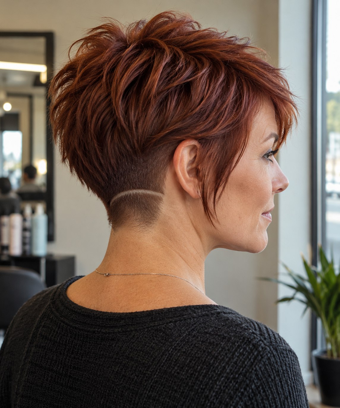 Feathered auburn pixie with soft crown layers and a small curved shaved line at the nape.