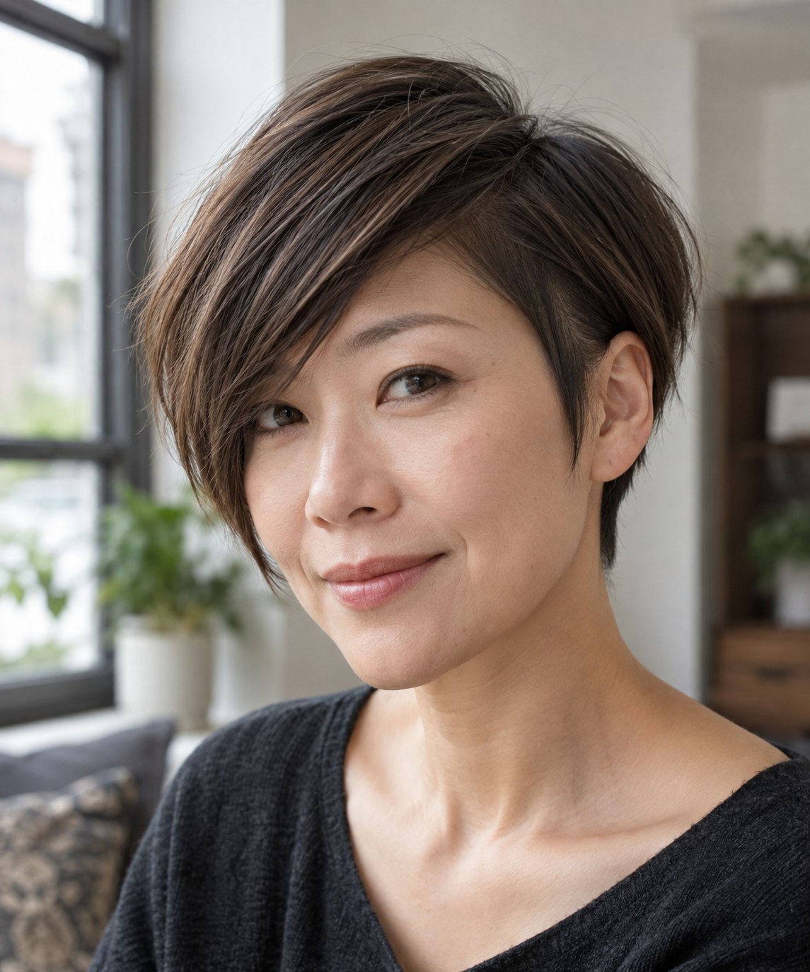 Dark brown pixie with a broad sweeping fringe and a small tapered point at the temple.