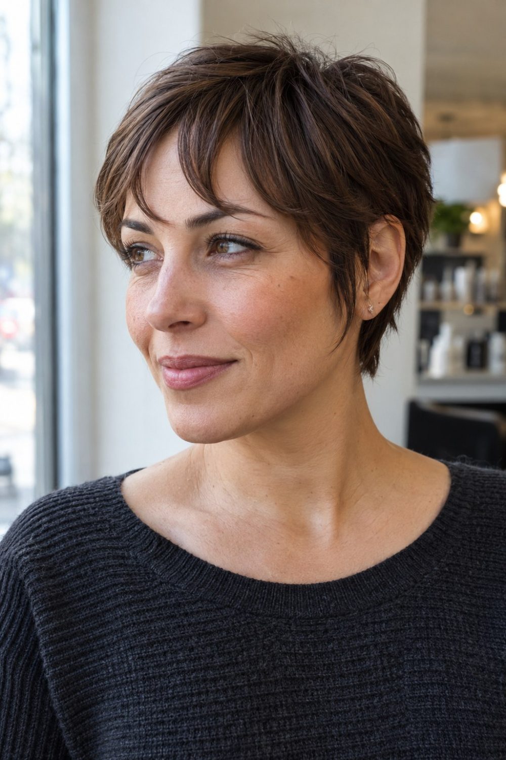 Chestnut pixie haircut with a curved, separated fringe and soft pieces in front of the ears.