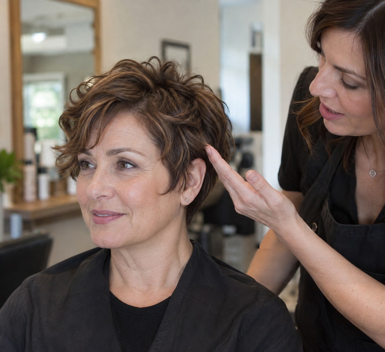 Woman with a soft short pixie discussing the side shape with a stylist in a daylight salon.