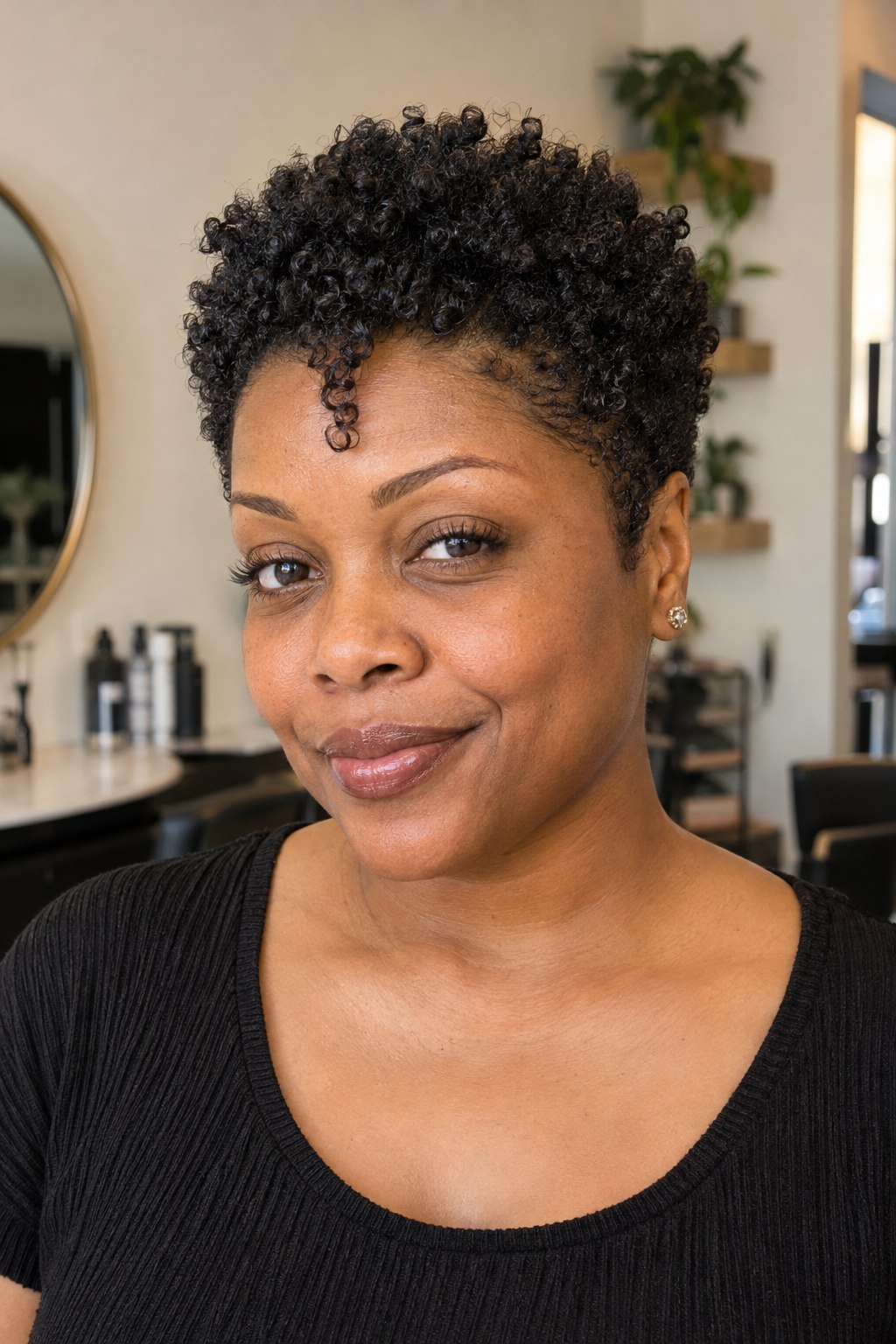 Natural coily pixie with a rounded crown, softly tapered sides and a defined curl at the forehead.