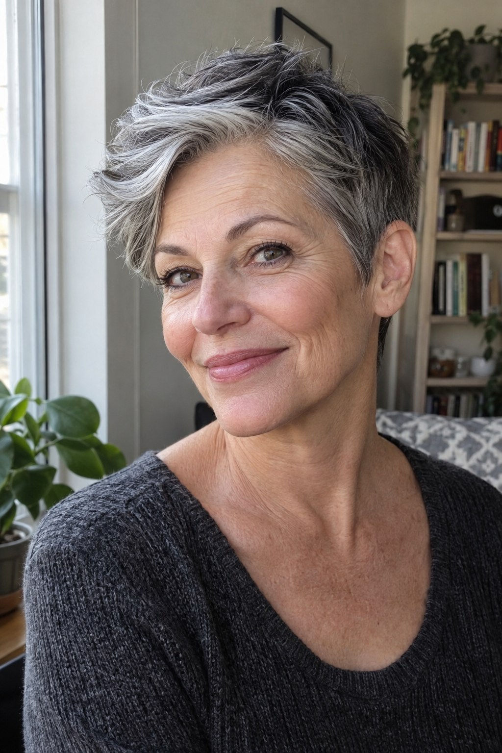 Silver pixie haircut with a soft curved quiff at the front and neatly tapered sides.