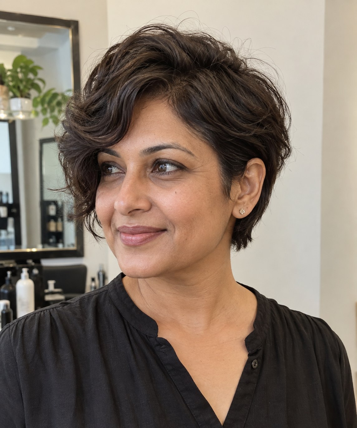 Wavy brunette pixie with an S-shaped front wave, one tucked ear and a short soft nape.