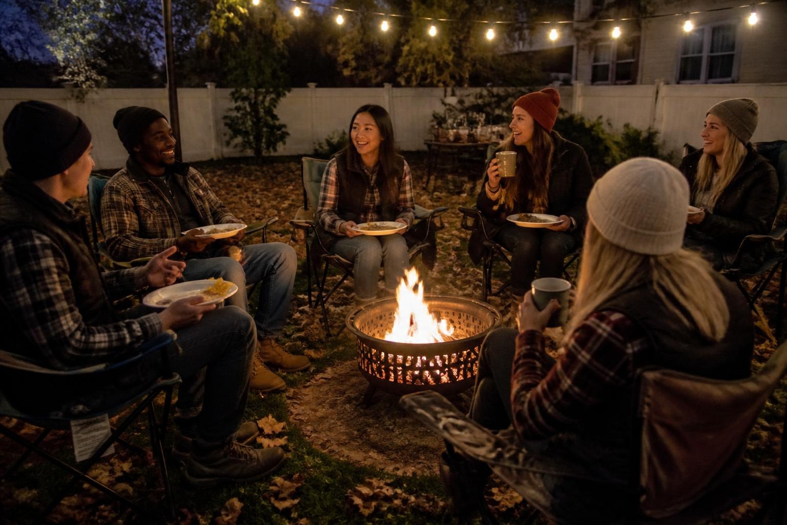 Group of friends in flannels, puffer vests and beanies sitting around a backyard fire pit at dusk holding plates and mugs