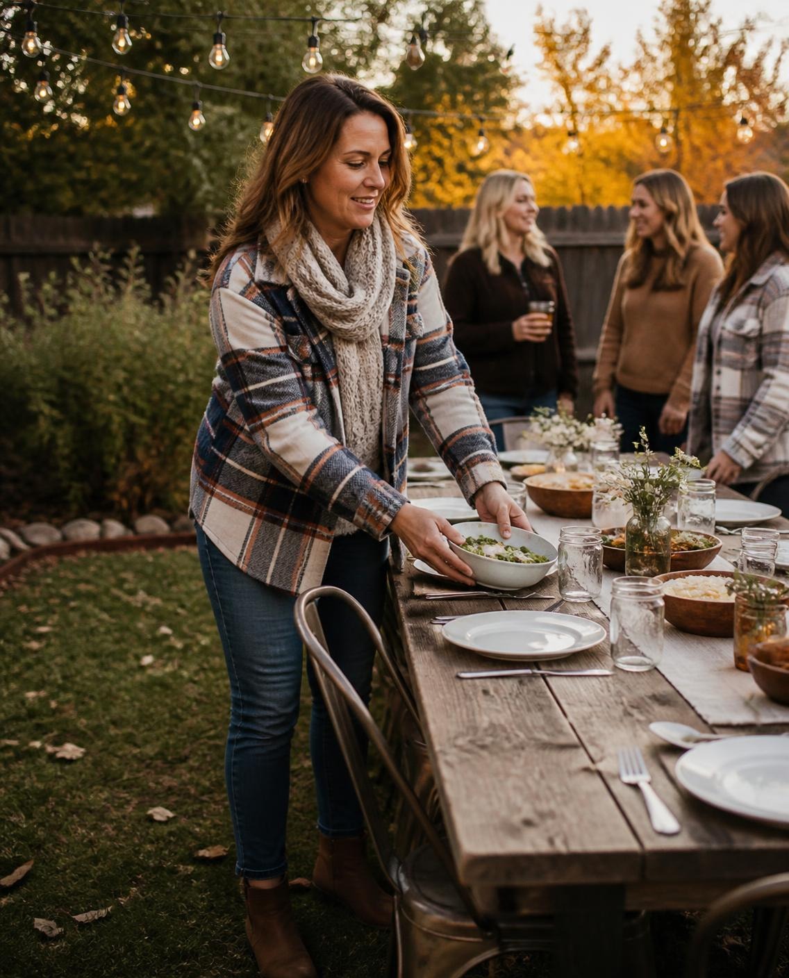 Woman in a plaid wool shacket, chunky knit scarf, jeans and ankle boots setting a bowl of salad on a long outdoor table under string lights