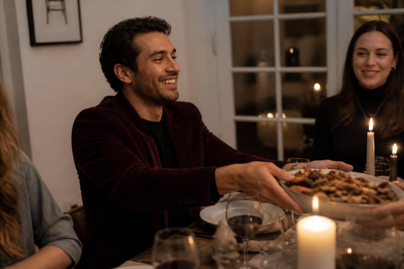 Man in a burgundy velvet blazer over a black crewneck laughing as he passes a dish of roasted vegetables at a candlelit dinner table