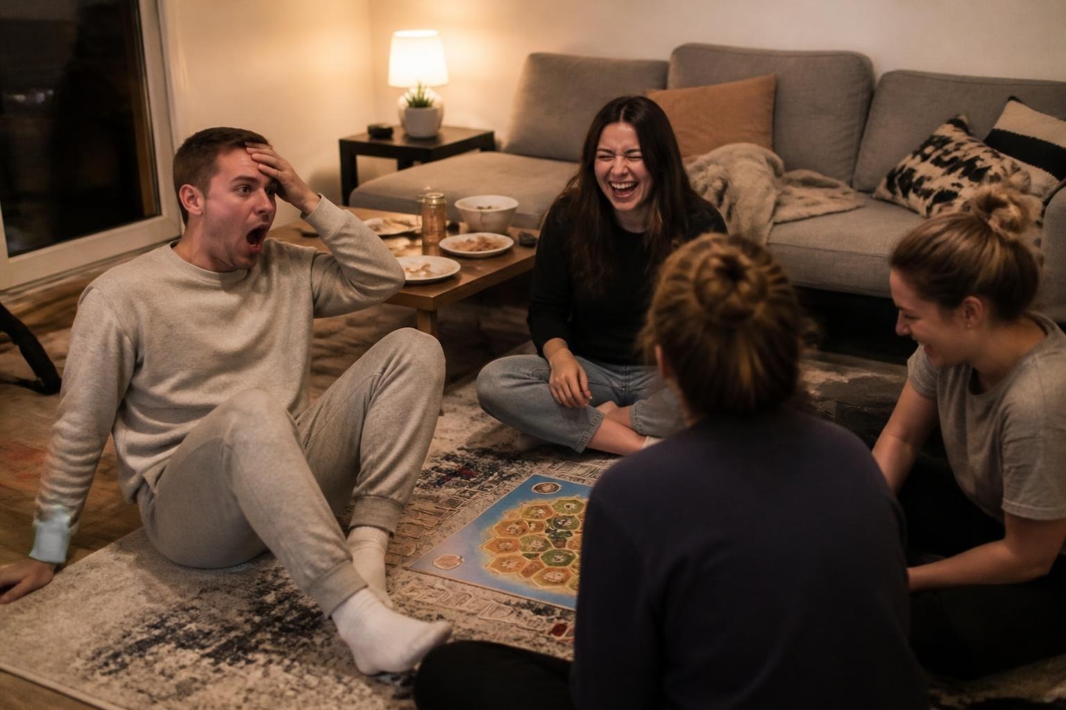 Friends sitting on a living room rug playing a board game after dinner while a young man in a gray crewneck sweatshirt reacts dramatically