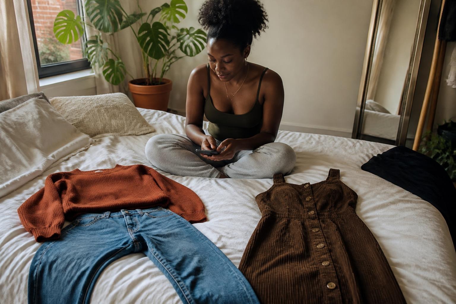 Woman sitting cross-legged on her bed checking her phone with a rust knit sweater, jeans and a brown corduroy dress laid out beside her