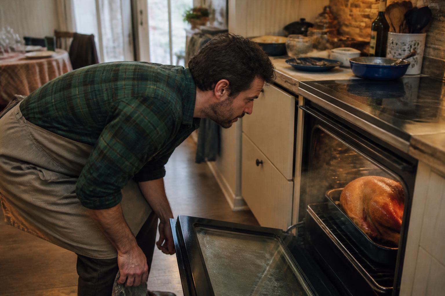 Man in a rolled-sleeve green flannel shirt and canvas apron bending down to check a roast turkey in the oven of a home kitchen
