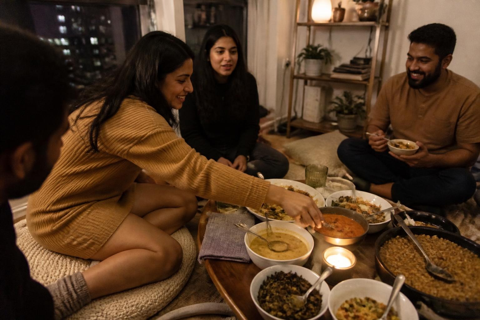 Woman in a camel ribbed knit sweater dress and wool socks sitting on a floor cushion reaching for a dish at a crowded potluck coffee table