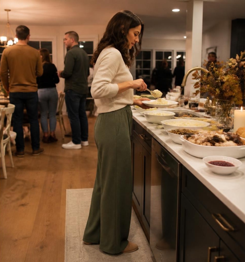Woman in wide-leg olive knit pants and a cream sweater serving herself mashed potatoes from a kitchen counter buffet of Friendsgiving dishes