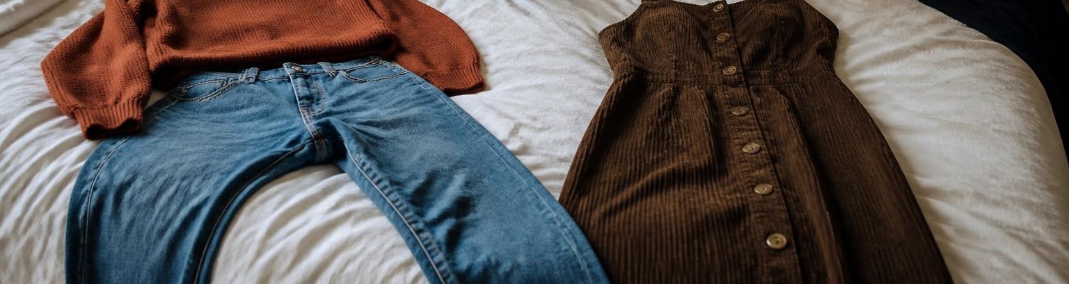 Rust knit sweater, blue jeans and a brown button-front corduroy dress laid out side by side on a white duvet