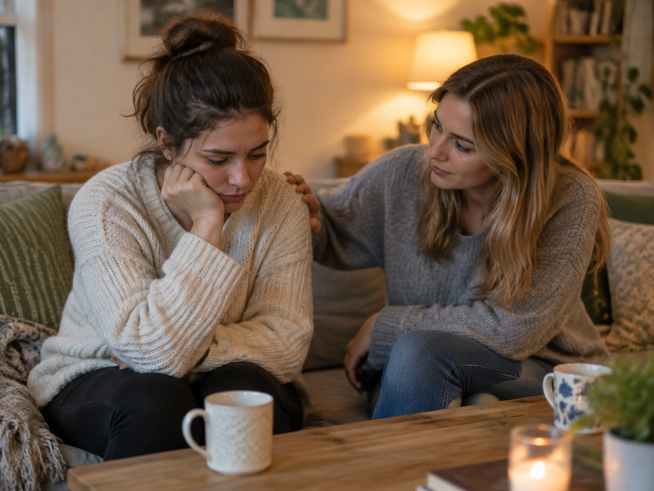 Two friends in sweaters on a couch, one comforting the other with a hand on her shoulder